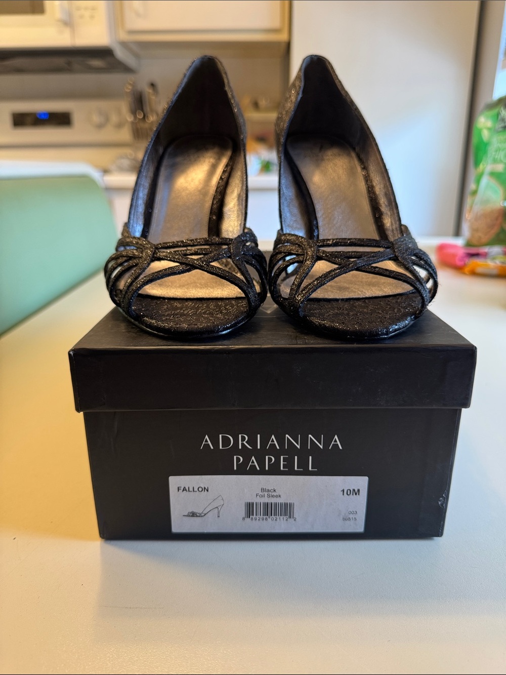 Adrianna Papell Black Glitter Strappy Peep-Toe Heels